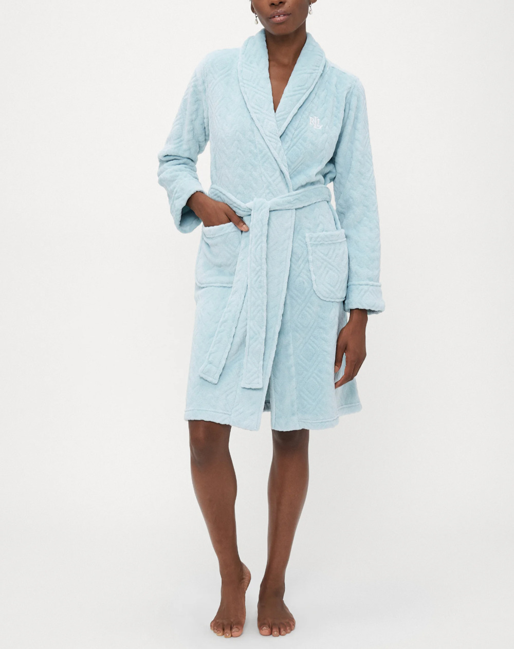 Lauren Ralph Lauren Shawl Collar Robe L Seafoam Blue Short RLL Embroidered Logo